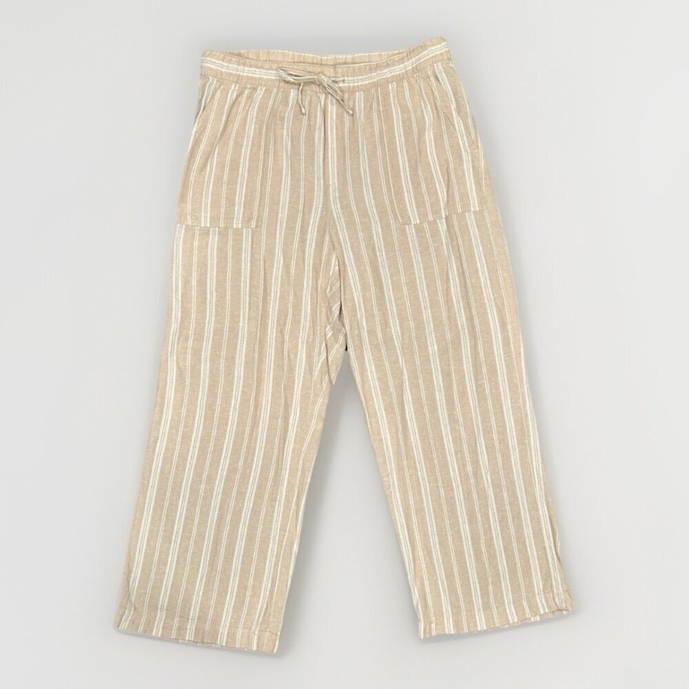 Gap Wide Leg Linen Blend Pants Women's Size Large Khaki Stripe Coastal Paper Bag